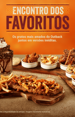 "Encontro dos favoritos" com batatas, frango, cebola e costela, com um copo de milkshake Outback.