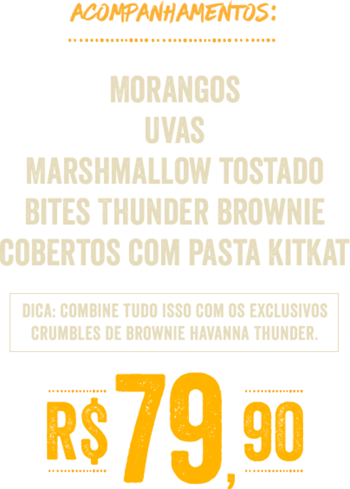 ACOMPANHAMENTOS:
Morangos
Uvas
Marshmallow tostado
Bites Thunder Brownie
cobertos com pasta KitKat