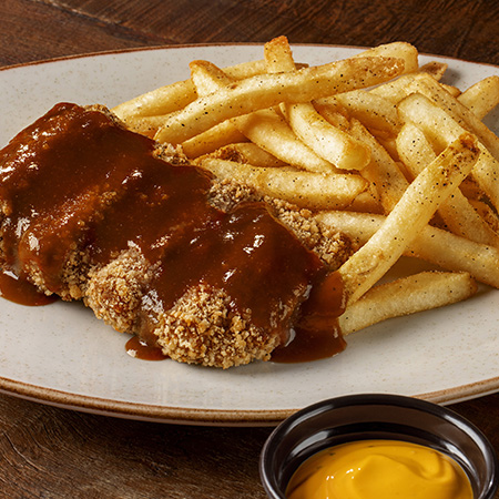 Royal Plant Barbecue, 150g de mix de proteínas vegetais empanadas servida com molho barbecue e fritas