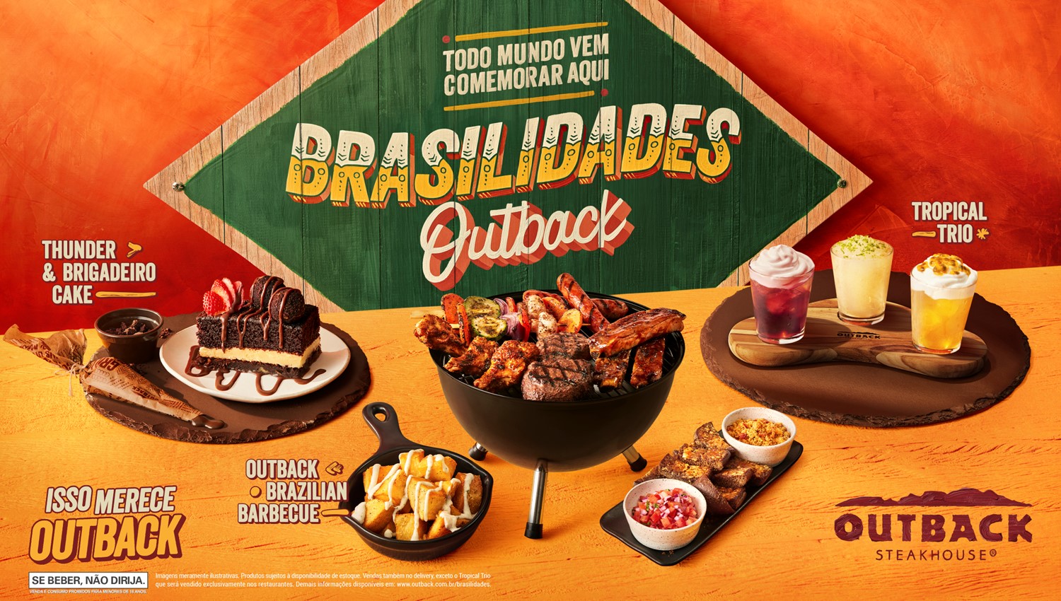 Outback celebra o Brasil em nova campanha e lança versão de churrasco, drinks de cachaça e sobremesa de brigadeiro em versões inovadoras